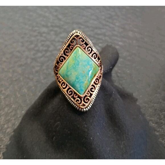 Barse Ring Size 7 Sterling Silver 925 Bronze Tone Turquoise Diamond Shape 1.3"L - Picture 2 of 6